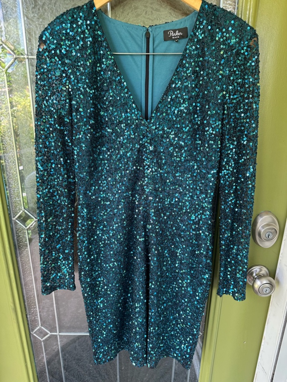 Parker Black Blue Teal Sequin Long Sleeve Cocktail Knee Length Dress
